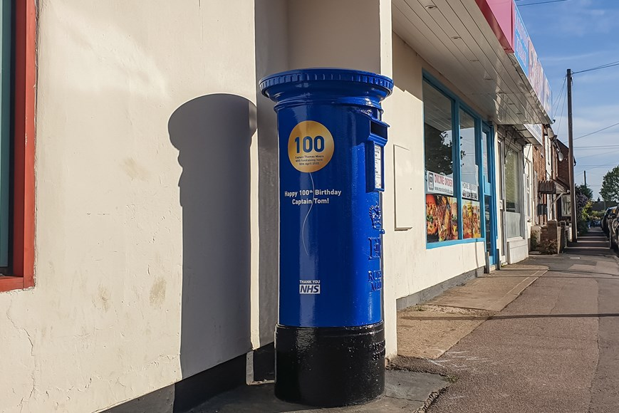 Pillar Box in NHS blue for Captain Tom